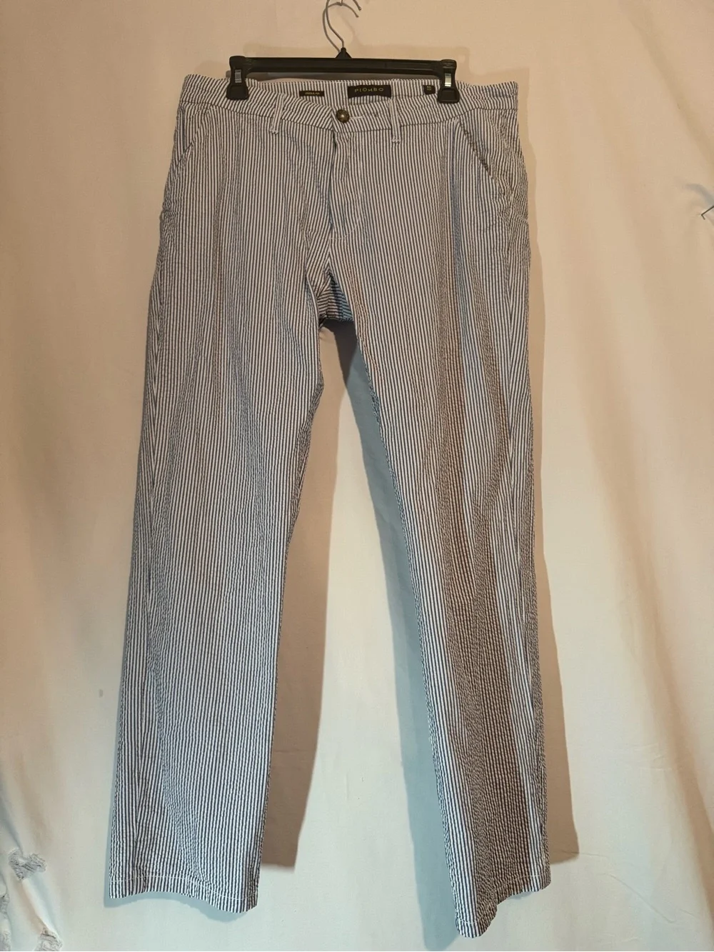 Piombo Mens Seersucker Pants Size 50 35x30 Blue White Stripe Cotton Stretch